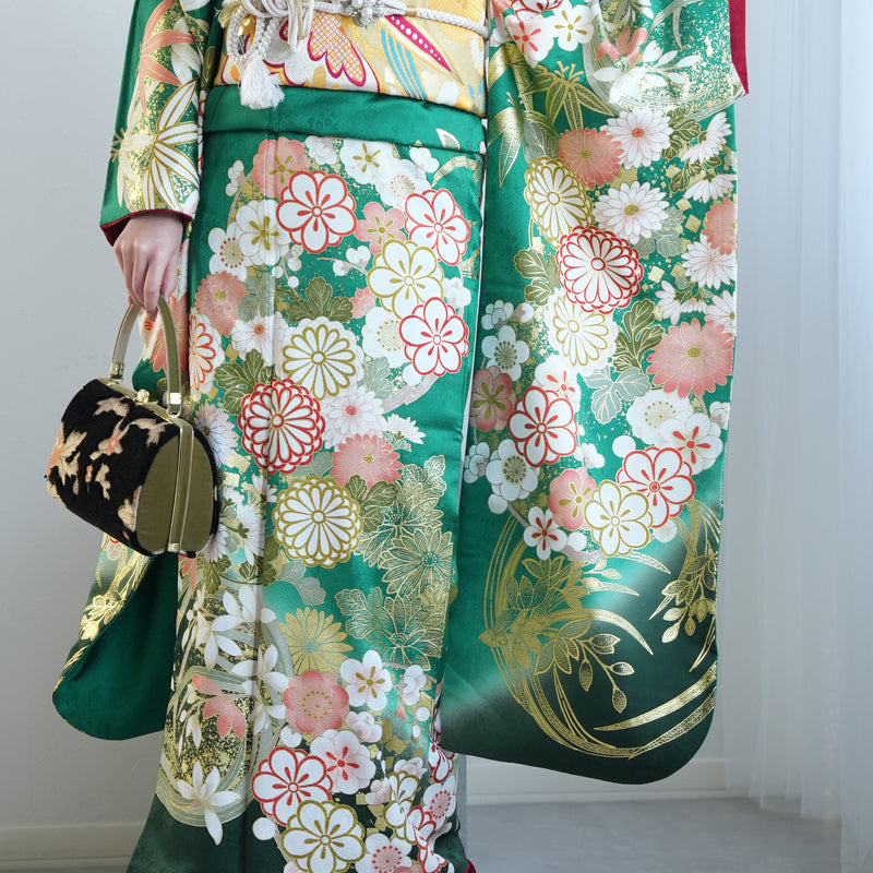 【レンタル】振袖 着物セット 正絹着物+正絹袋帯 成人式  晴れ着 記念撮影 往復送料無料 グリーンのアンティーク花（1000605200）