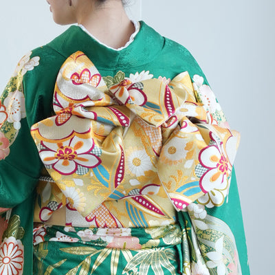 【レンタル】振袖 着物セット 正絹着物+正絹袋帯 成人式  晴れ着 記念撮影 往復送料無料 グリーンのアンティーク花（1000605200）