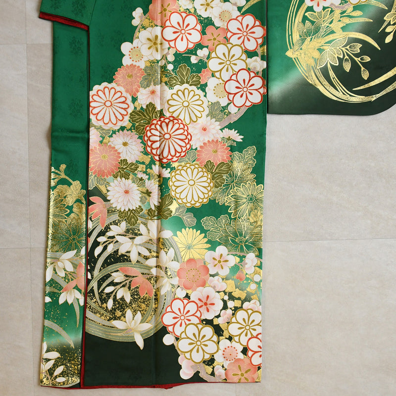 【レンタル】振袖 着物セット 正絹着物+正絹袋帯 成人式  晴れ着 記念撮影 往復送料無料 グリーンのアンティーク花（1000605200）