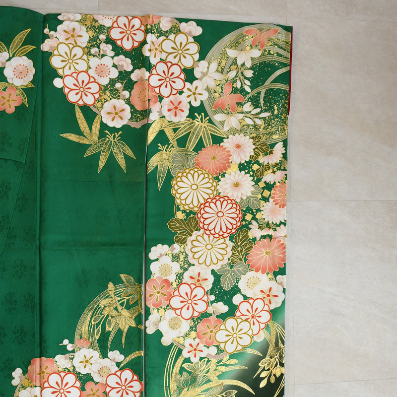 【レンタル】振袖 着物セット 正絹着物+正絹袋帯 成人式  晴れ着 記念撮影 往復送料無料 グリーンのアンティーク花（1000605200）