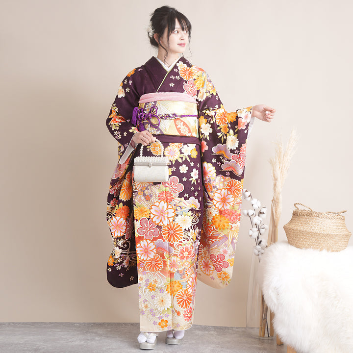 レンタル】振袖 着物セット 正絹着物+正絹袋帯 成人式 晴れ着