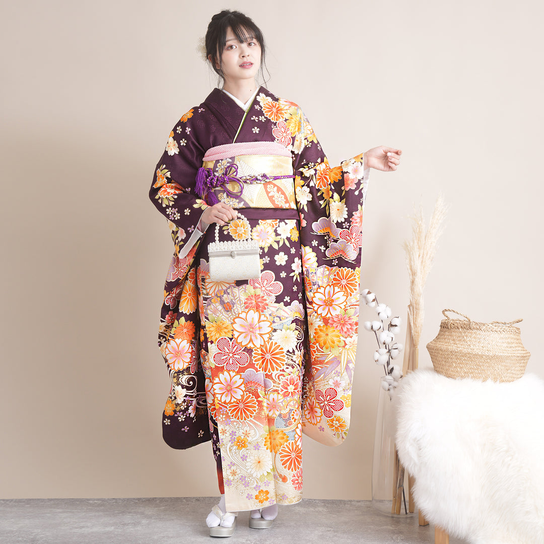 レンタル】振袖 着物セット 正絹着物+正絹袋帯 成人式 晴れ着