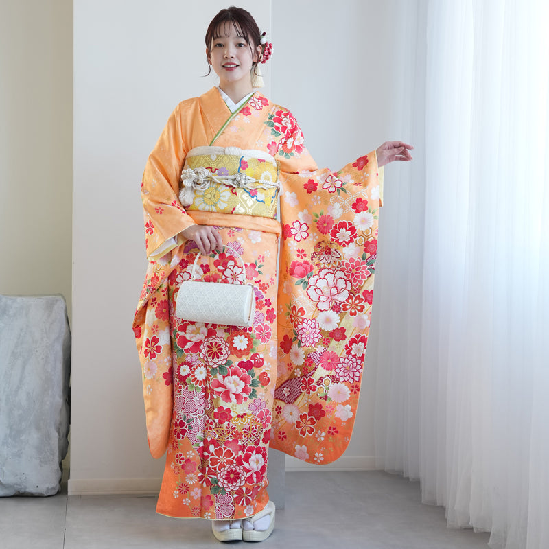 【レンタル】振袖 着物セット 正絹着物+正絹袋帯 成人式  晴れ着 記念撮影 往復送料無料 絵羽 オレンジとグリーンの牡丹松（1000605700）