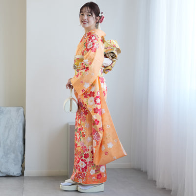 【レンタル】振袖 着物セット 正絹着物+正絹袋帯 成人式  晴れ着 記念撮影 往復送料無料 絵羽 オレンジとグリーンの牡丹松（1000605700）