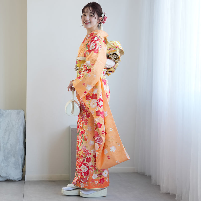 【レンタル】振袖 着物セット 正絹着物+正絹袋帯 成人式  晴れ着 記念撮影 往復送料無料 絵羽 オレンジとグリーンの牡丹松（1000605700）
