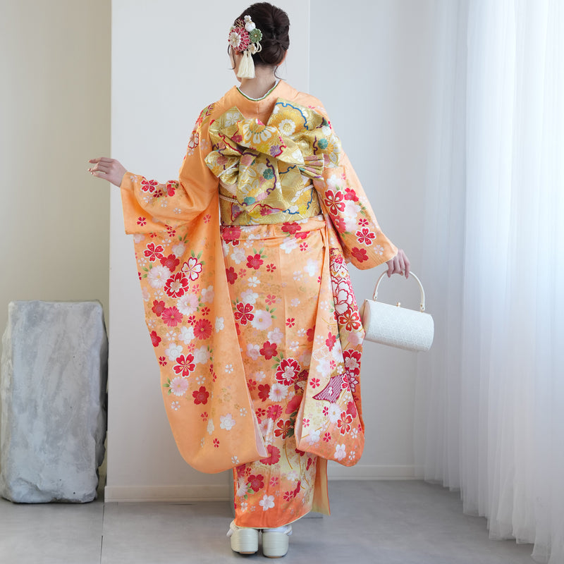【レンタル】振袖 着物セット 正絹着物+正絹袋帯 成人式  晴れ着 記念撮影 往復送料無料 絵羽 オレンジとグリーンの牡丹松（1000605700）