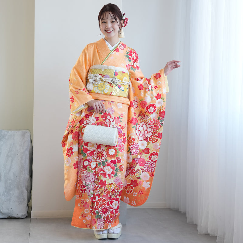 【レンタル】振袖 着物セット 正絹着物+正絹袋帯 成人式  晴れ着 記念撮影 往復送料無料 絵羽 オレンジとグリーンの牡丹松（1000605700）