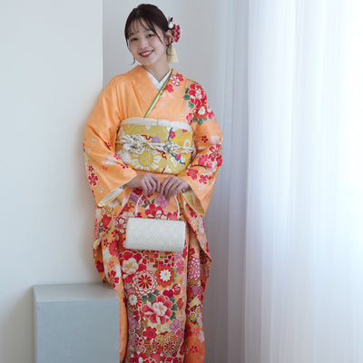 【レンタル】振袖 着物セット 正絹着物+正絹袋帯 成人式  晴れ着 記念撮影 往復送料無料 絵羽 オレンジとグリーンの牡丹松（1000605700）