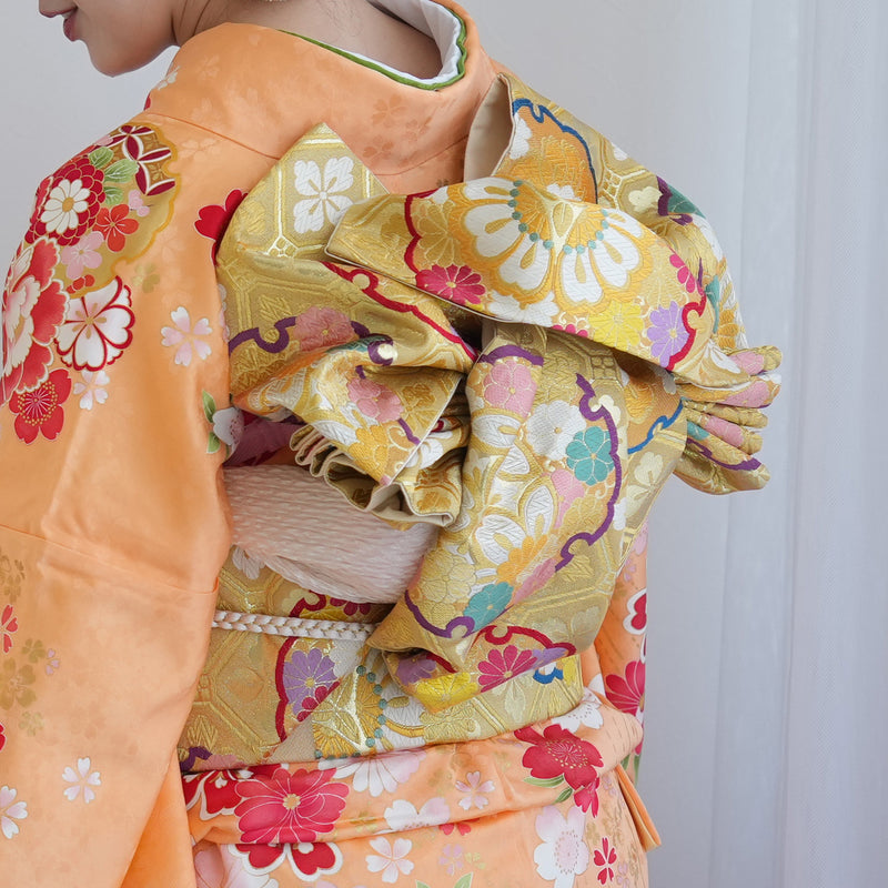 【レンタル】振袖 着物セット 正絹着物+正絹袋帯 成人式  晴れ着 記念撮影 往復送料無料 絵羽 オレンジとグリーンの牡丹松（1000605700）