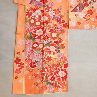 【レンタル】振袖 着物セット 正絹着物+正絹袋帯 成人式  晴れ着 記念撮影 往復送料無料 絵羽 オレンジとグリーンの牡丹松（1000605700）