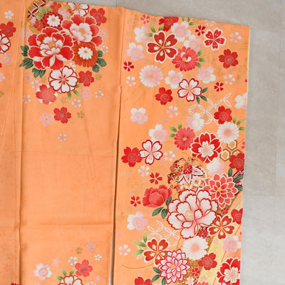 【レンタル】振袖 着物セット 正絹着物+正絹袋帯 成人式  晴れ着 記念撮影 往復送料無料 絵羽 オレンジとグリーンの牡丹松（1000605700）