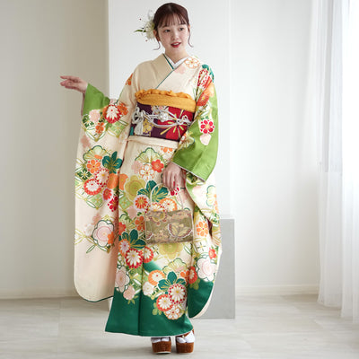 【レンタル】振袖 着物セット 正絹着物+正絹袋帯 成人式  晴れ着 記念撮影 往復送料無料 絵羽 緑に七宝と梅（1000605900）