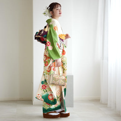 【レンタル】振袖 着物セット 正絹着物+正絹袋帯 成人式  晴れ着 記念撮影 往復送料無料 絵羽 緑に七宝と梅（1000605900）