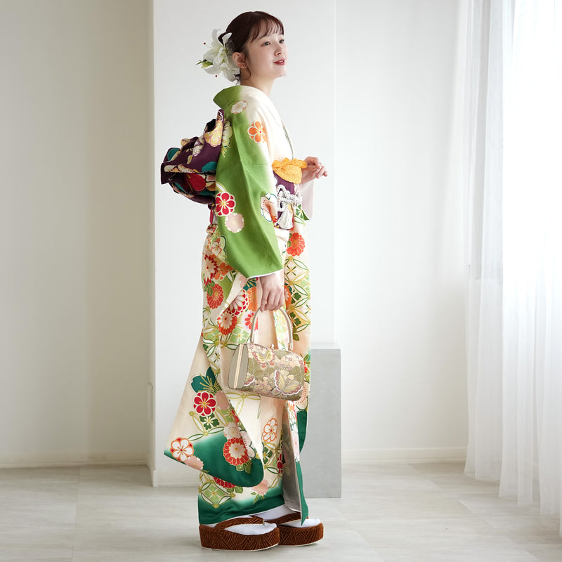 【レンタル】振袖 着物セット 正絹着物+正絹袋帯 成人式  晴れ着 記念撮影 往復送料無料 絵羽 緑に七宝と梅（1000605900）
