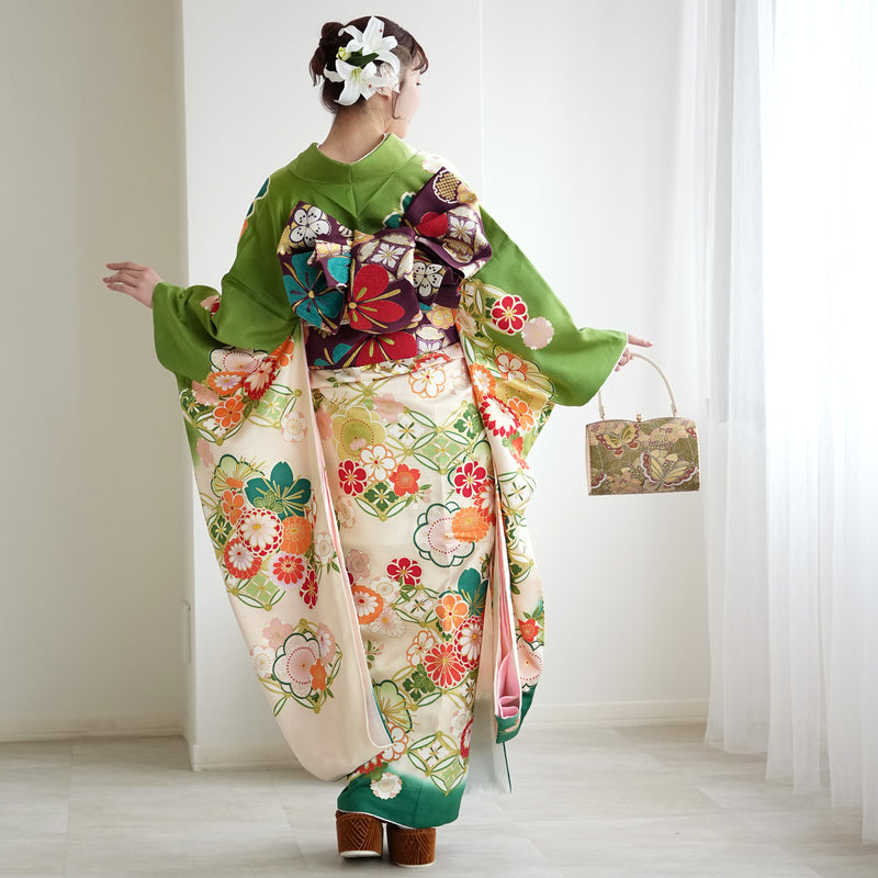【レンタル】振袖 着物セット 正絹着物+正絹袋帯 成人式  晴れ着 記念撮影 往復送料無料 絵羽 緑に七宝と梅（1000605900）