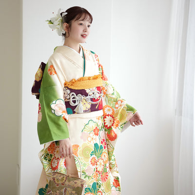 【レンタル】振袖 着物セット 正絹着物+正絹袋帯 成人式  晴れ着 記念撮影 往復送料無料 絵羽 緑に七宝と梅（1000605900）
