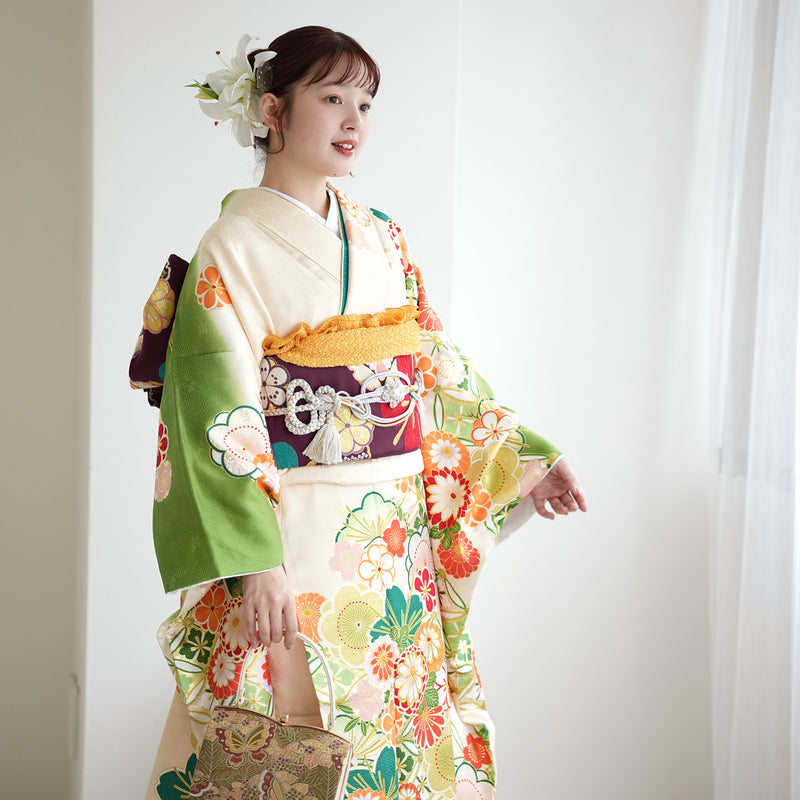 【レンタル】振袖 着物セット 正絹着物+正絹袋帯 成人式  晴れ着 記念撮影 往復送料無料 絵羽 緑に七宝と梅（1000605900）