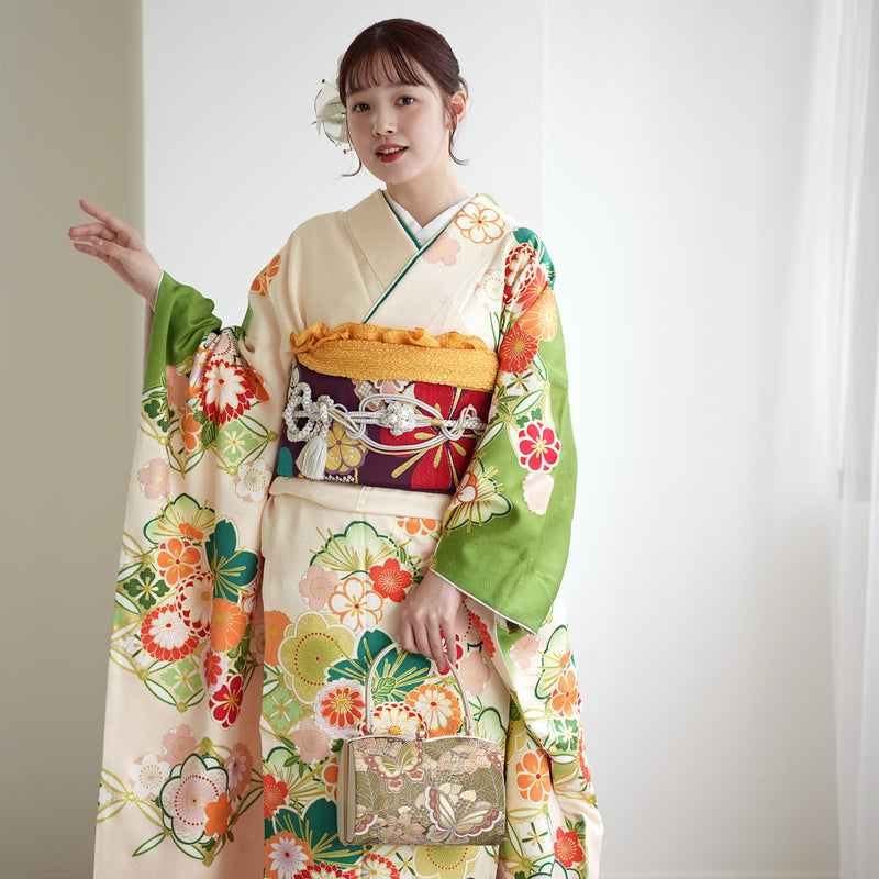 【レンタル】振袖 着物セット 正絹着物+正絹袋帯 成人式  晴れ着 記念撮影 往復送料無料 絵羽 緑に七宝と梅（1000605900）