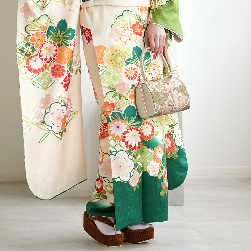 【レンタル】振袖 着物セット 正絹着物+正絹袋帯 成人式  晴れ着 記念撮影 往復送料無料 絵羽 緑に七宝と梅（1000605900）