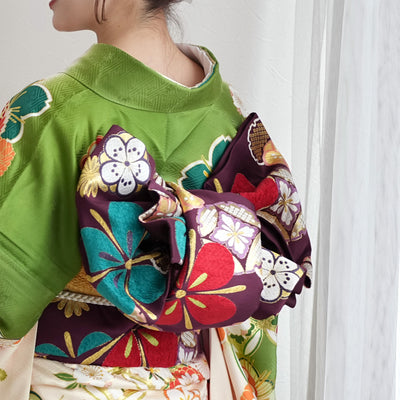 【レンタル】振袖 着物セット 正絹着物+正絹袋帯 成人式  晴れ着 記念撮影 往復送料無料 絵羽 緑に七宝と梅（1000605900）