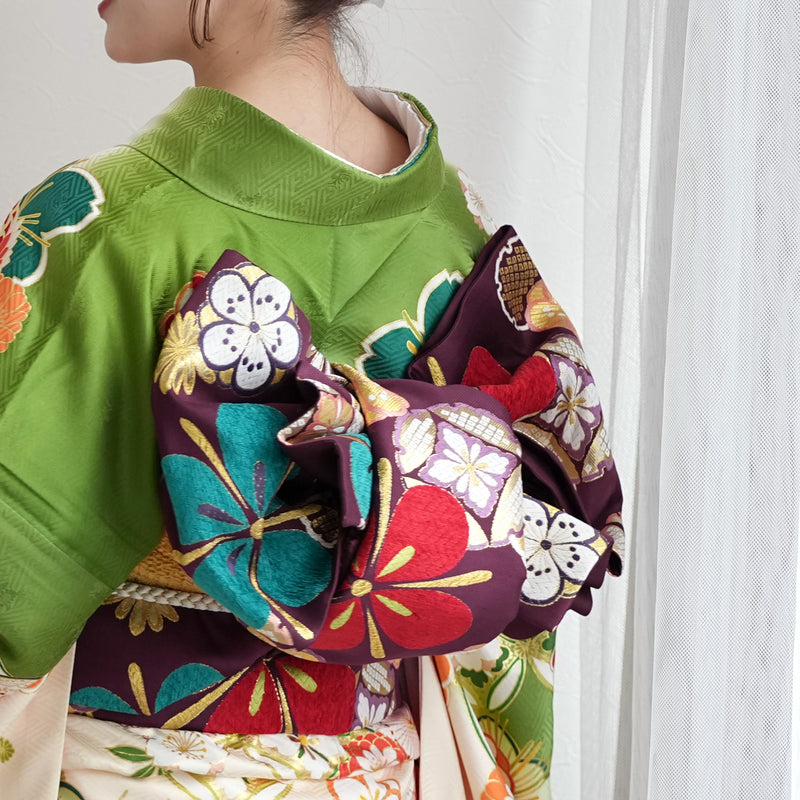 【レンタル】振袖 着物セット 正絹着物+正絹袋帯 成人式  晴れ着 記念撮影 往復送料無料 絵羽 緑に七宝と梅（1000605900）