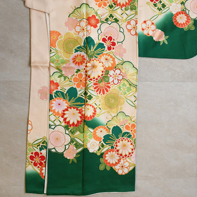 【レンタル】振袖 着物セット 正絹着物+正絹袋帯 成人式  晴れ着 記念撮影 往復送料無料 絵羽 緑に七宝と梅（1000605900）