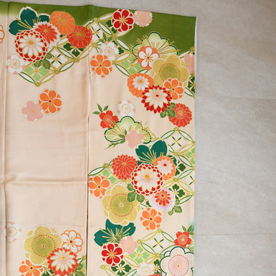 【レンタル】振袖 着物セット 正絹着物+正絹袋帯 成人式  晴れ着 記念撮影 往復送料無料 絵羽 緑に七宝と梅（1000605900）