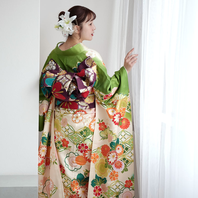 【レンタル】振袖 着物セット 正絹着物+正絹袋帯 成人式  晴れ着 記念撮影 往復送料無料 絵羽 緑に七宝と梅（1000605900）