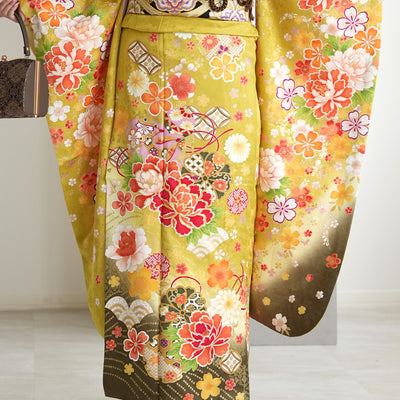 【レンタル】振袖 着物セット 正絹着物+正絹袋帯 成人式  晴れ着 記念撮影 往復送料無料 絵羽 からし色にレトロ牡丹（1000606000）