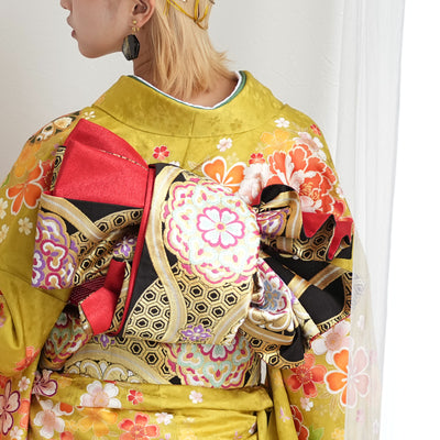 【レンタル】振袖 着物セット 正絹着物+正絹袋帯 成人式  晴れ着 記念撮影 往復送料無料 絵羽 からし色にレトロ牡丹（1000606000）