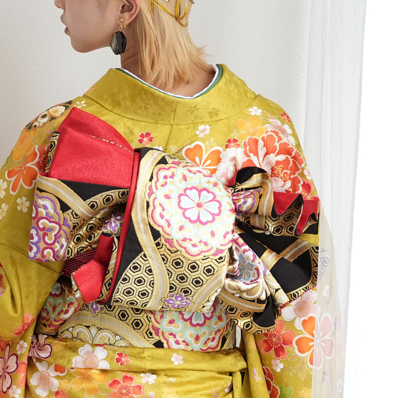 【レンタル】振袖 着物セット 正絹着物+正絹袋帯 成人式  晴れ着 記念撮影 往復送料無料 絵羽 からし色にレトロ牡丹（1000606000）