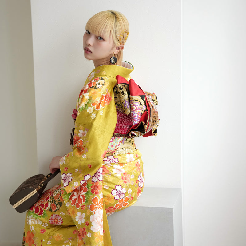 【レンタル】振袖 着物セット 正絹着物+正絹袋帯 成人式  晴れ着 記念撮影 往復送料無料 絵羽 からし色にレトロ牡丹（1000606000）