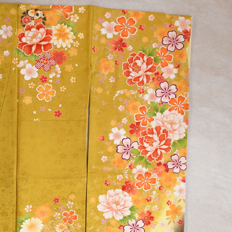 【レンタル】振袖 着物セット 正絹着物+正絹袋帯 成人式  晴れ着 記念撮影 往復送料無料 絵羽 からし色にレトロ牡丹（1000606000）