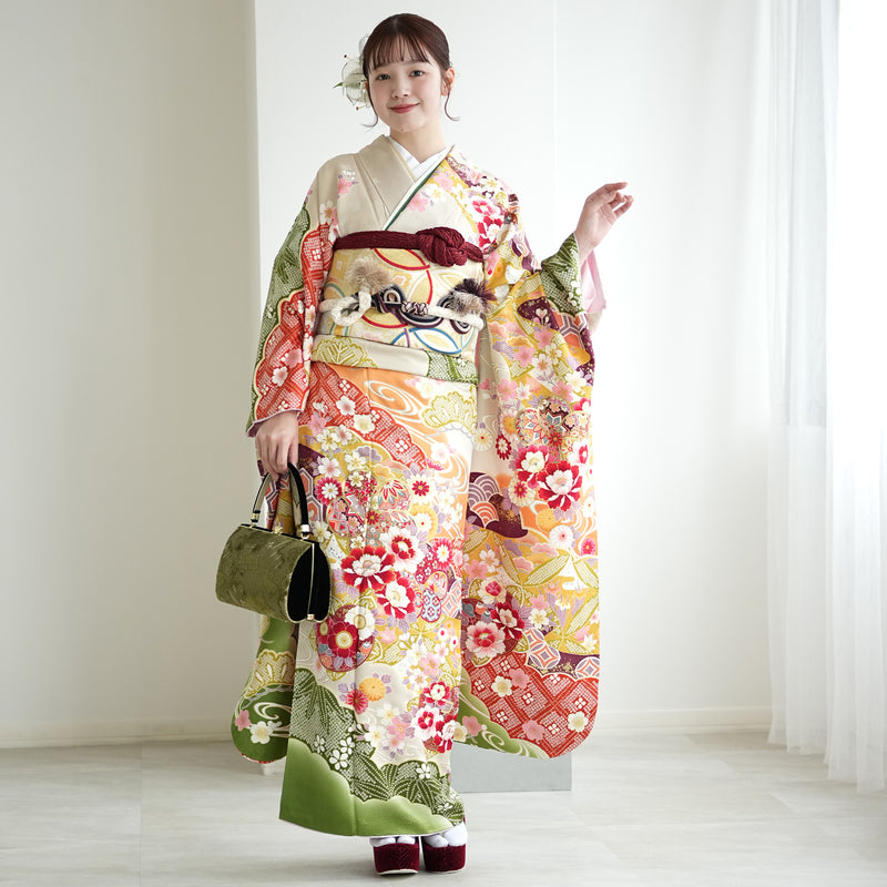 【レンタル】振袖 着物セット 正絹着物+正絹袋帯 成人式  晴れ着 記念撮影 往復送料無料 絵羽 からしと抹茶の豪華な古典柄（1000606500）