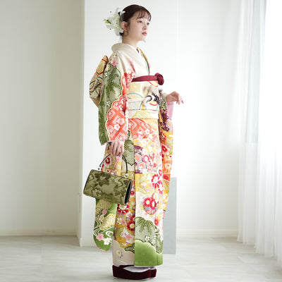 【レンタル】振袖 着物セット 正絹着物+正絹袋帯 成人式  晴れ着 記念撮影 往復送料無料 絵羽 からしと抹茶の豪華な古典柄（1000606500）