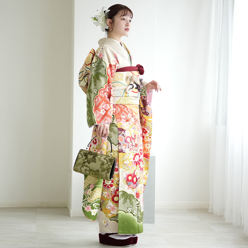 【レンタル】振袖 着物セット 正絹着物+正絹袋帯 成人式  晴れ着 記念撮影 往復送料無料 絵羽 からしと抹茶の豪華な古典柄（1000606500）
