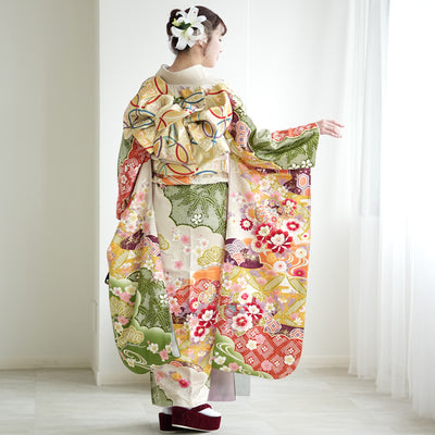 【レンタル】振袖 着物セット 正絹着物+正絹袋帯 成人式  晴れ着 記念撮影 往復送料無料 絵羽 からしと抹茶の豪華な古典柄（1000606500）
