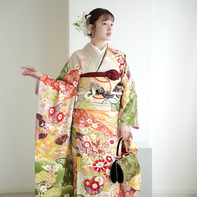 【レンタル】振袖 着物セット 正絹着物+正絹袋帯 成人式  晴れ着 記念撮影 往復送料無料 絵羽 からしと抹茶の豪華な古典柄（1000606500）