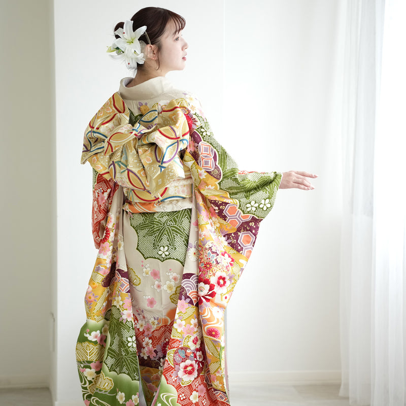 【レンタル】振袖 着物セット 正絹着物+正絹袋帯 成人式  晴れ着 記念撮影 往復送料無料 絵羽 からしと抹茶の豪華な古典柄（1000606500）
