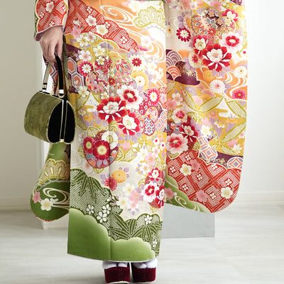 【レンタル】振袖 着物セット 正絹着物+正絹袋帯 成人式  晴れ着 記念撮影 往復送料無料 絵羽 からしと抹茶の豪華な古典柄（1000606500）