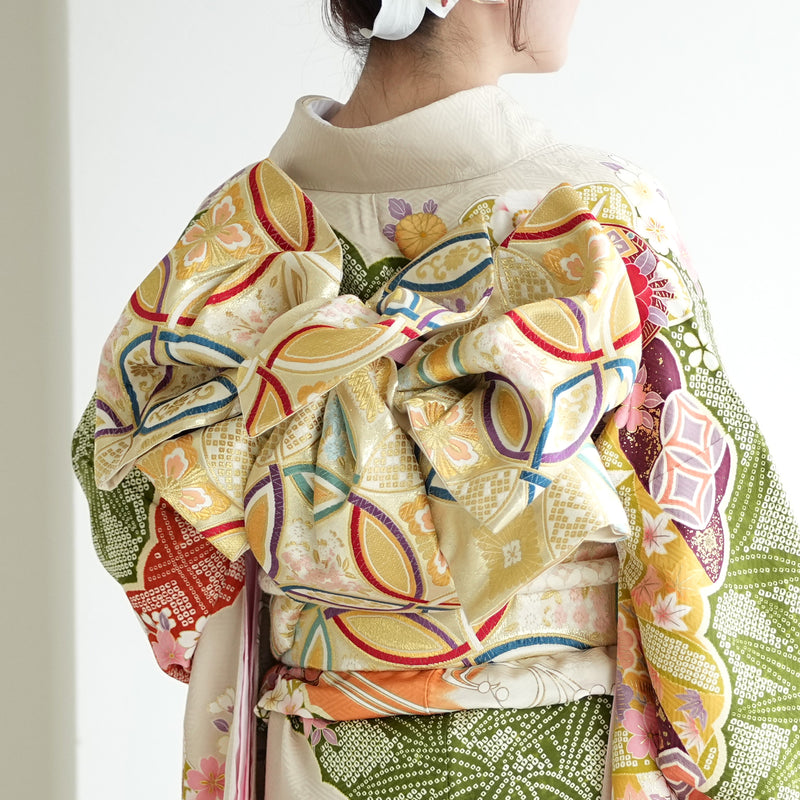 【レンタル】振袖 着物セット 正絹着物+正絹袋帯 成人式  晴れ着 記念撮影 往復送料無料 絵羽 からしと抹茶の豪華な古典柄（1000606500）