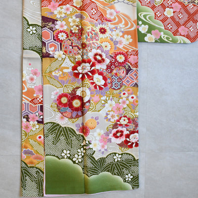 【レンタル】振袖 着物セット 正絹着物+正絹袋帯 成人式  晴れ着 記念撮影 往復送料無料 絵羽 からしと抹茶の豪華な古典柄（1000606500）