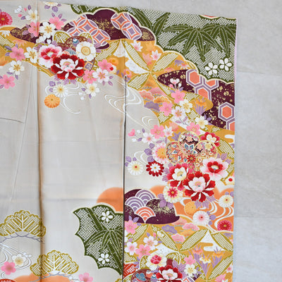 【レンタル】振袖 着物セット 正絹着物+正絹袋帯 成人式  晴れ着 記念撮影 往復送料無料 絵羽 からしと抹茶の豪華な古典柄（1000606500）