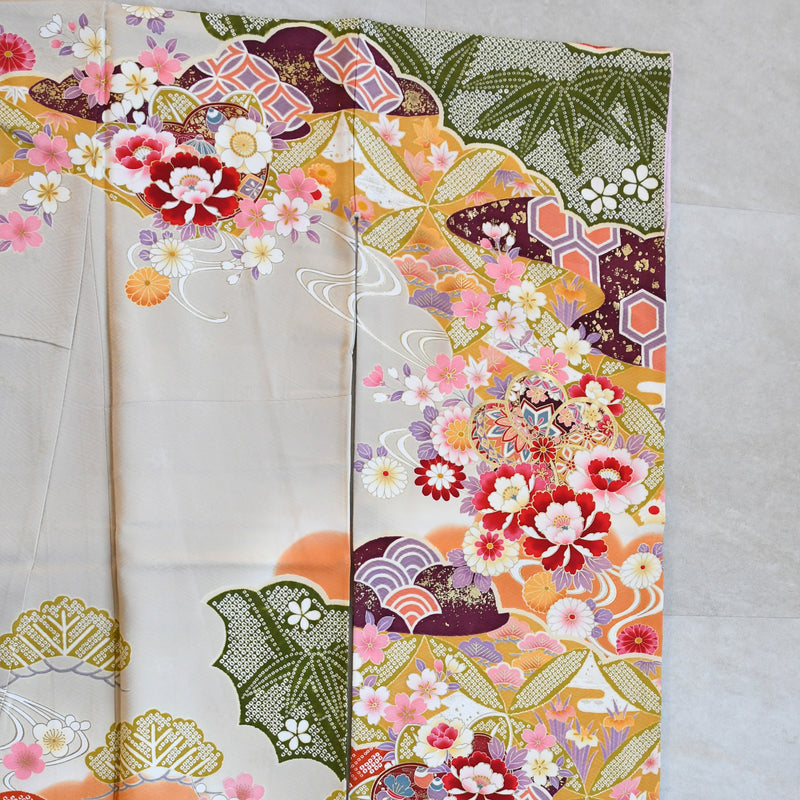 【レンタル】振袖 着物セット 正絹着物+正絹袋帯 成人式  晴れ着 記念撮影 往復送料無料 絵羽 からしと抹茶の豪華な古典柄（1000606500）