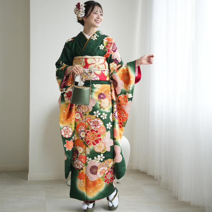 レンタル】振袖 着物セット 正絹着物+正絹袋帯 成人式 晴れ着 記念撮影
