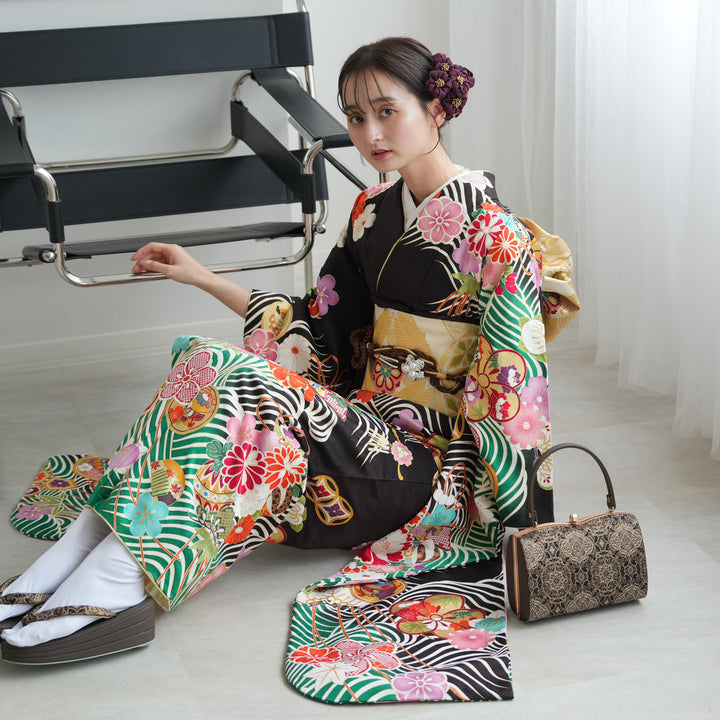 成人式 正絹 綸子緑花振袖&袋帯等お得な6点セット