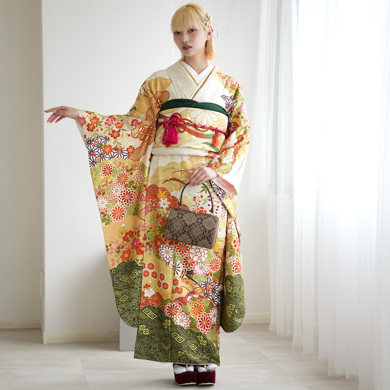 【レンタル】振袖 着物セット 正絹着物+正絹袋帯 成人式  晴れ着 記念撮影 往復送料無料 絵羽 淡黄色と抹茶のモダン（1000610500）