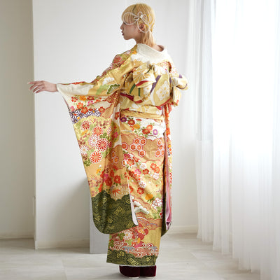 【レンタル】振袖 着物セット 正絹着物+正絹袋帯 成人式  晴れ着 記念撮影 往復送料無料 絵羽 淡黄色と抹茶のモダン（1000610500）