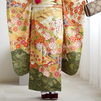 【レンタル】振袖 着物セット 正絹着物+正絹袋帯 成人式  晴れ着 記念撮影 往復送料無料 絵羽 淡黄色と抹茶のモダン（1000610500）