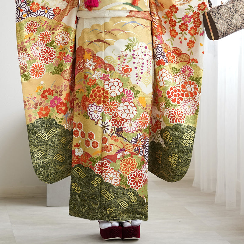 【レンタル】振袖 着物セット 正絹着物+正絹袋帯 成人式  晴れ着 記念撮影 往復送料無料 絵羽 淡黄色と抹茶のモダン（1000610500）